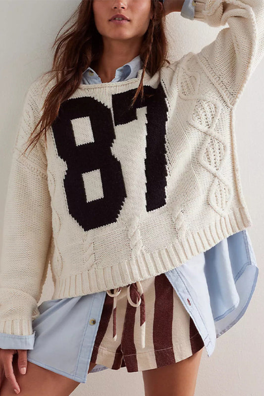 Casual Number Graphic Knit Sweater Long Sleeve Pullover
