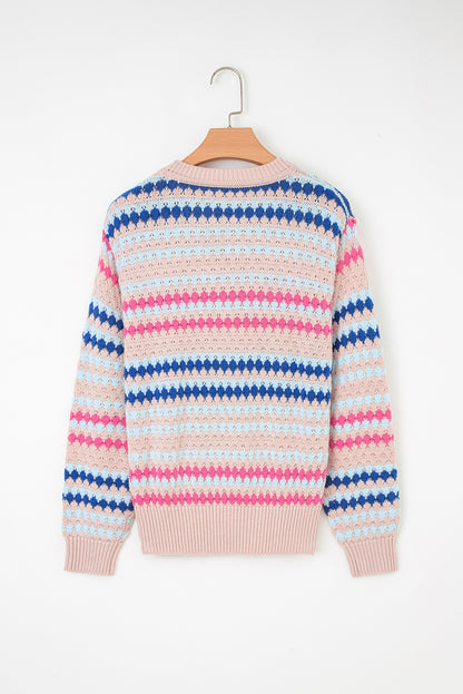 Stripe Eyelet Patterned Drop Shoulder Sweater
