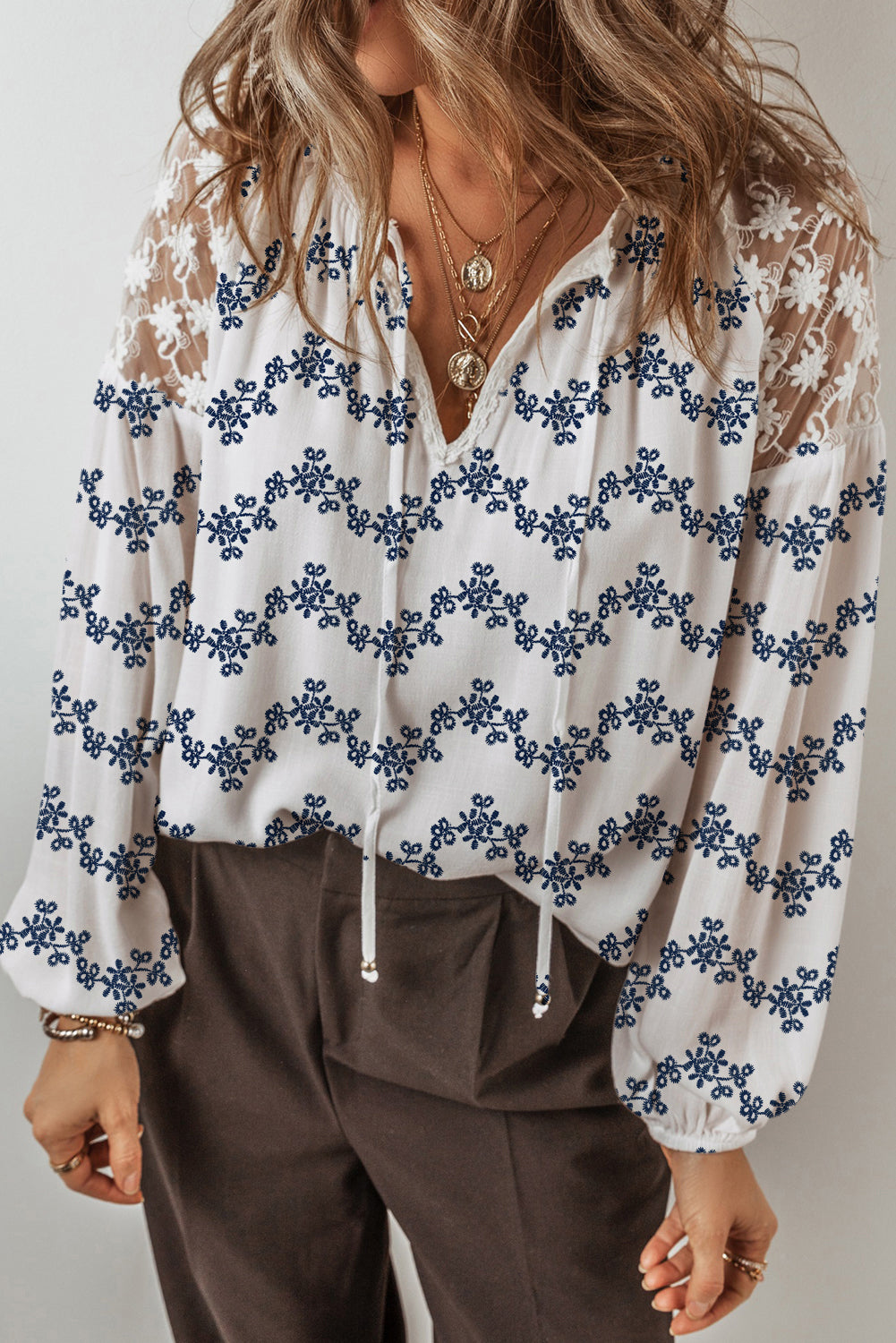 Lace Patchwork Embroidered Split Neck Fall Blouse