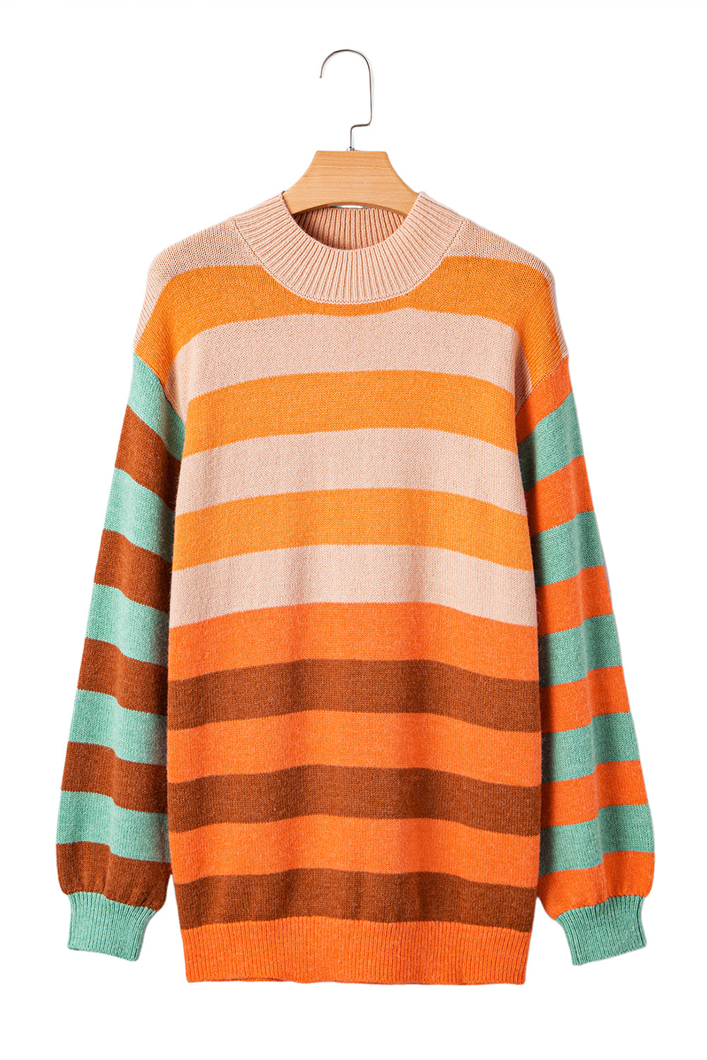 Stripe Color Block High Neck Drop Shoulder Cozy Sweater