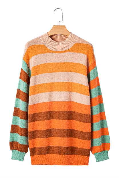 Stripe Color Block High Neck Drop Shoulder Cozy Sweater