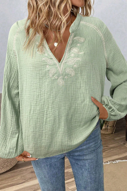 Boho Embroidered Cotton V-Neck Blouse Puff Sleeves Top