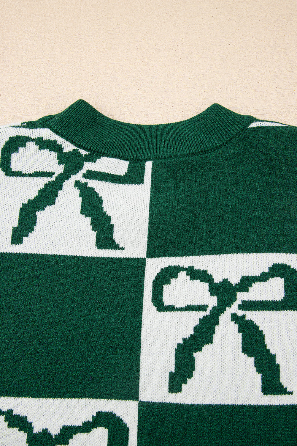Checkered Bow Print Round Neck Knit Sweater