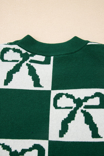 Checkered Bow Print Round Neck Knit Sweater