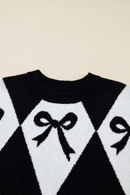 Bow Print Colorblock Rhombus Knit Sweater