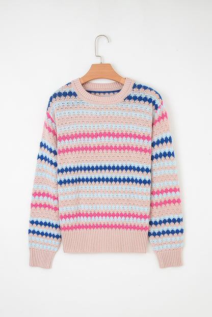 Stripe Eyelet Patterned Drop Shoulder Sweater