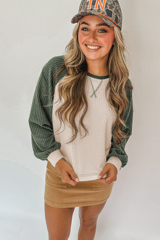 Waffle Knit Color Block Long Sleeve Top