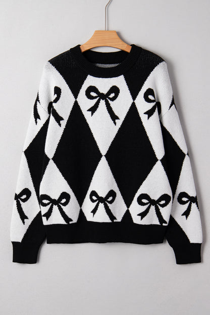 Bow Print Colorblock Rhombus Knit Sweater