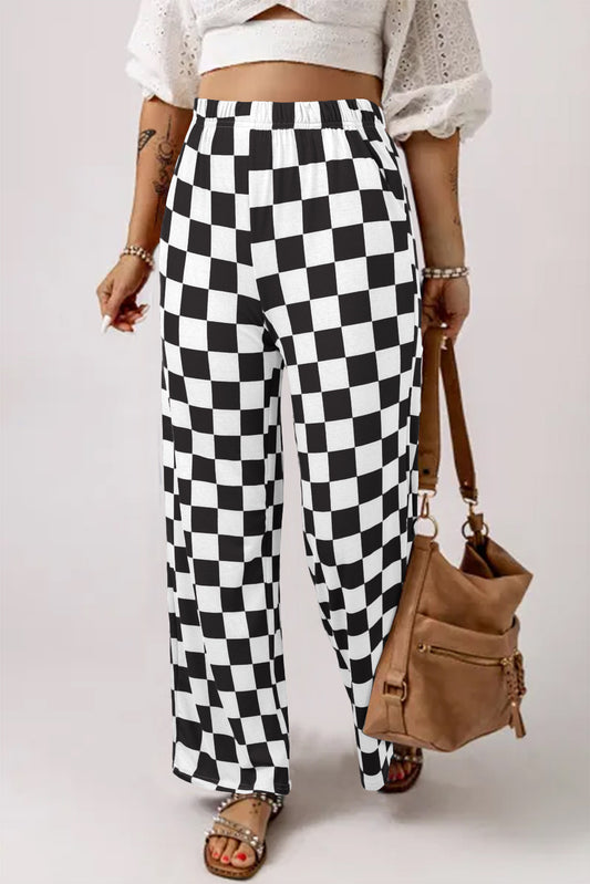 2-Tone Checked High Waist Wide Leg Pants