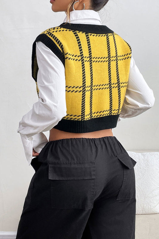 Plaid V Neck Knit Sweater Vest Crop Top Women