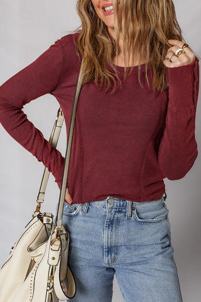 Burgundy Ribbed Button Cuff Long Sleeve Top