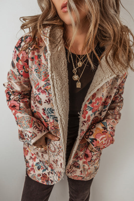 Vintage Paisley Floral Printed Sherpa Lined Jacket