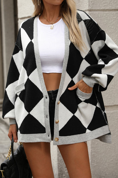 V-neck Colorblock Knit Cardigan Sweater - Casual and Chic