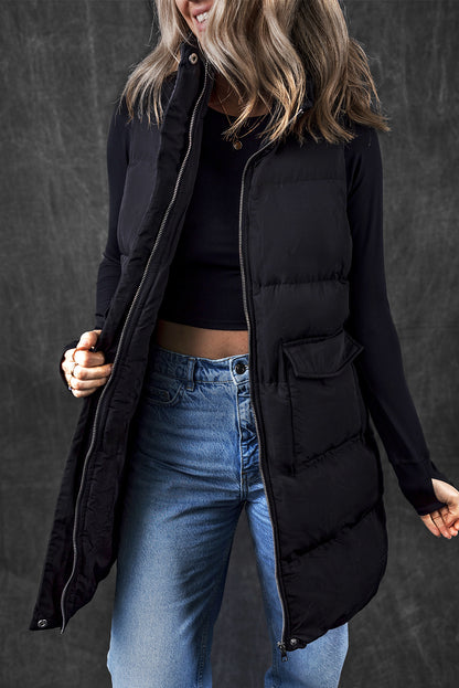 Windproof Longline Puffer Vest with Pockets