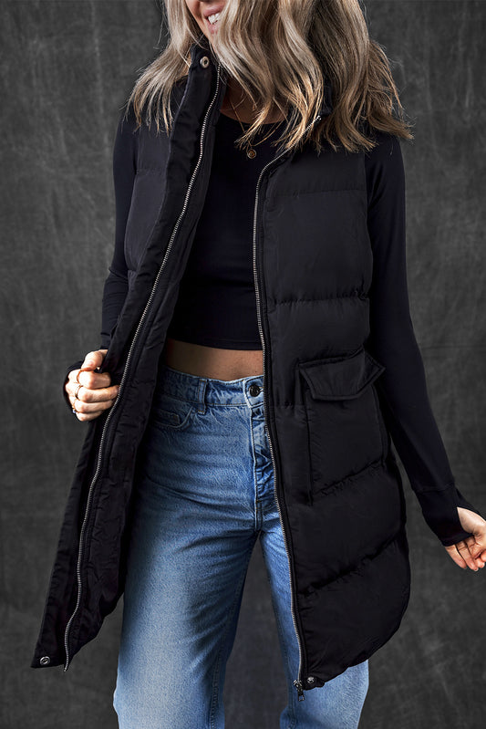 Windproof Longline Puffer Vest with Pockets