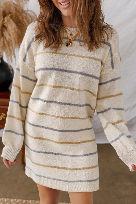 Striped Print Drop Shoulder Shift Sweater Mini Dress