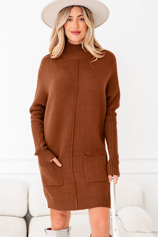 Ribbed High Neck Pocket Shift Knit Sweater Dress