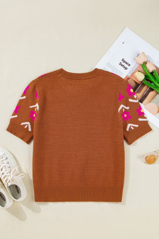 Floral Puff Sleeve V Neck Knit Sweater