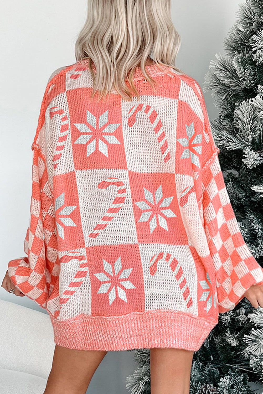 Candycane Snowflake Checker Christmas Loose Sweater