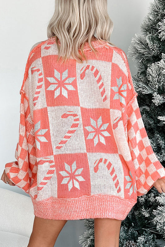 Candycane Snowflake Checker Christmas Loose Sweater