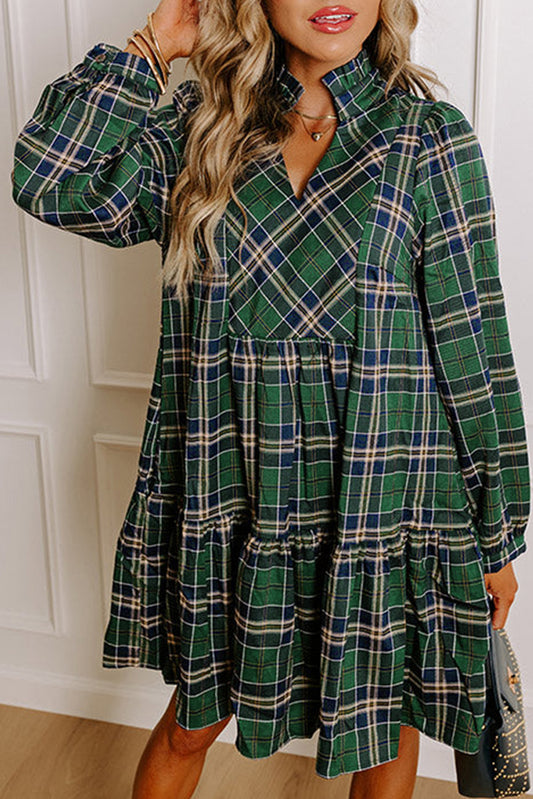Plaid Ruffle Collar Long Sleeve Casual Mini Dress
