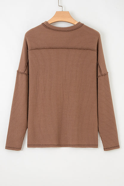 Twist Ribbed Exposed Seam Detail Long Sleeve Loose Top