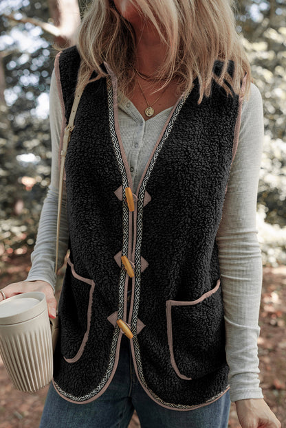 Cozy Sherpa Vest with Toggle Buttons and Patch Pockets