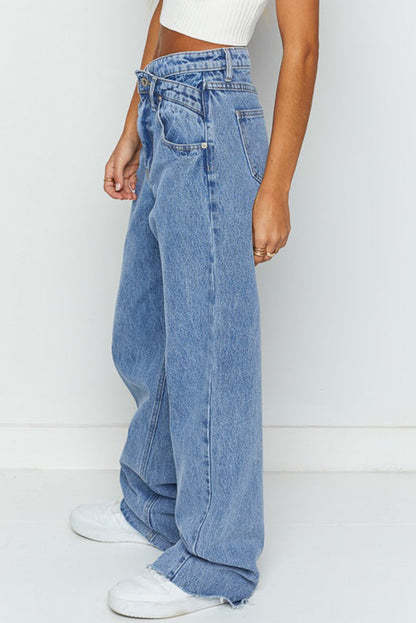 Mid Rise Asymmetrical Waist Wide Leg Jeans