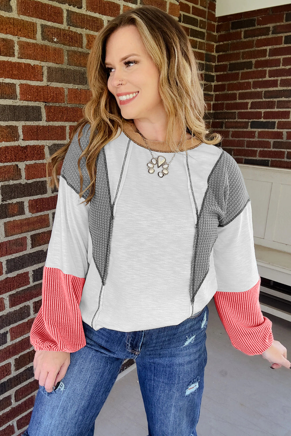 Contrast Block Mixed Textured Knit Casual Top