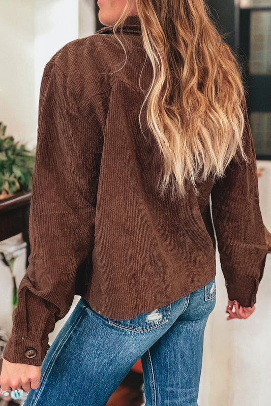Floral Embroidered Corduroy Button Front Jacket With Pocket