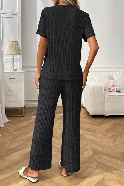 Women’s Casual Ribbed Pajama Set, Short Sleeve Pants
