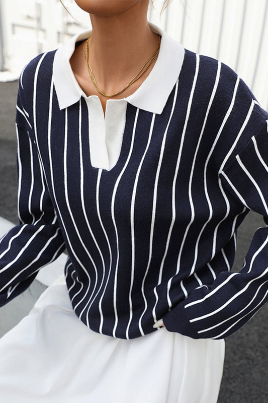 Striped Knit Polo Sweater Long Sleeve Street Style