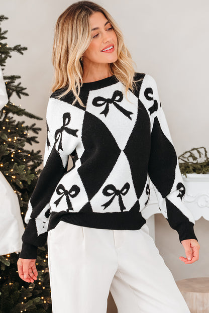 Bow Print Colorblock Rhombus Knit Sweater