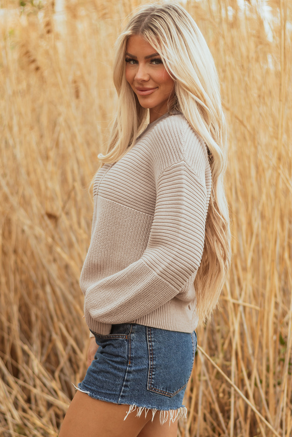 Parchment Knit Round Neck Puff Sleeve Sweater