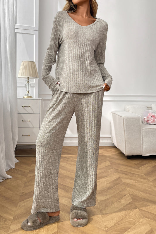 Womens Ribbed Knit Lounge Set Off Shoulder Pajama