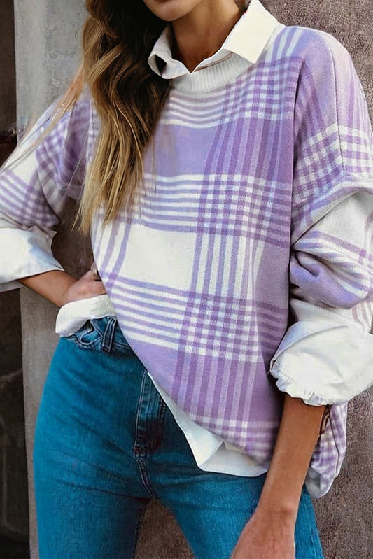 Plaid Print Ribbed Trim Loose Sweater in Lilac