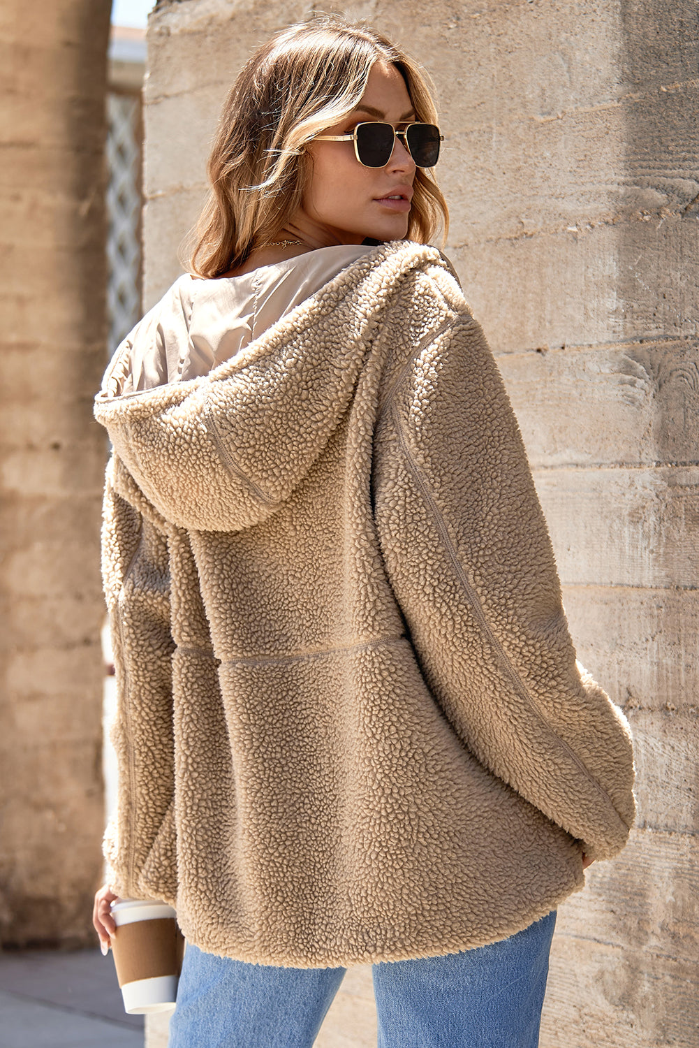 Pale Khaki Fleece Zip-Up Hooded Jacket with Drawstring