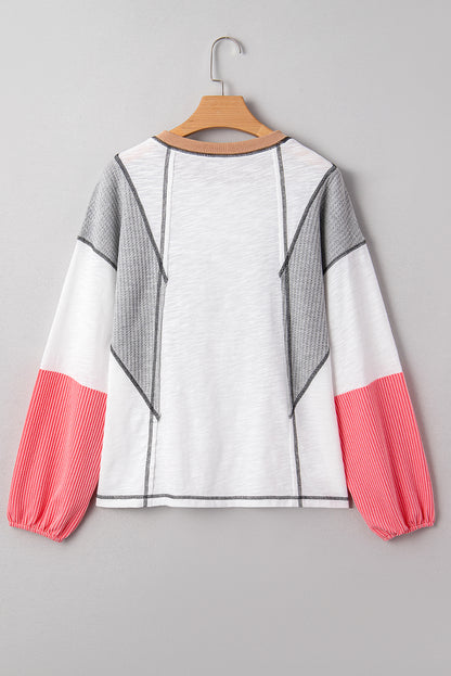 Contrast Block Mixed Textured Knit Casual Top