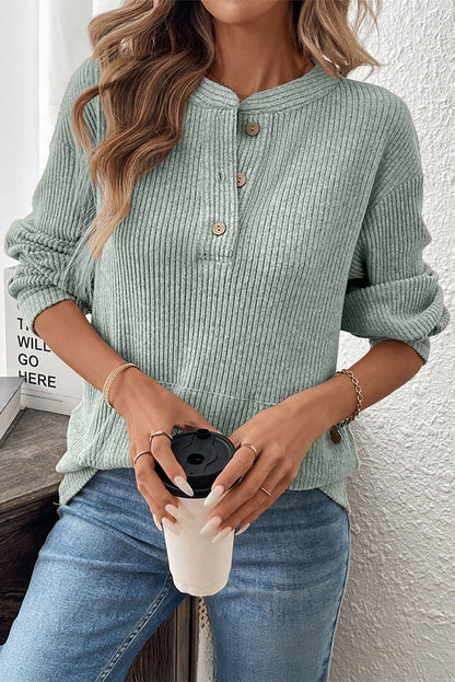 Simply Taupe Ribbed Texture Drop Shoulder Henley Knit Top