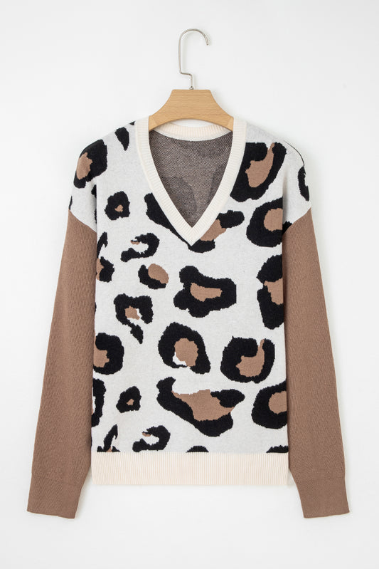 Stream Leopard Print Color Block Patchwork V Neck Sweater