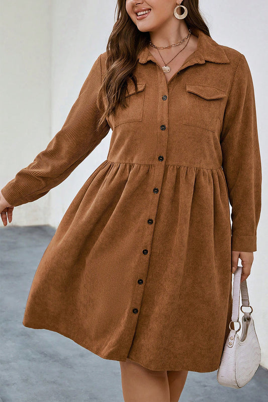 Corduroy Button Up Collared Plus Size Shirt Dress