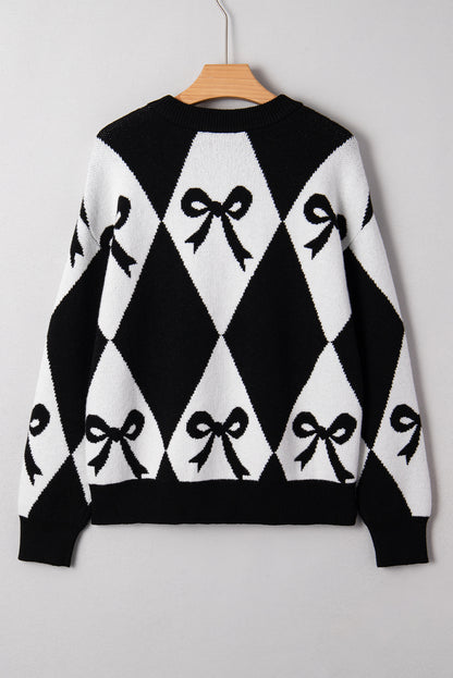 Bow Print Colorblock Rhombus Knit Sweater
