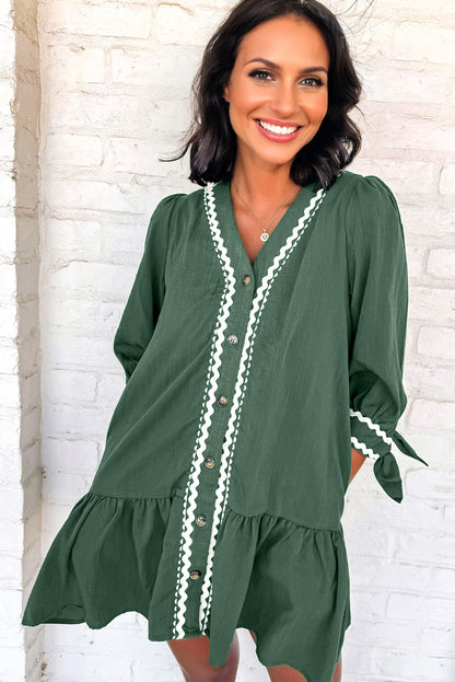 Contrast Ricrac Trim V Neck Button Shift Dress