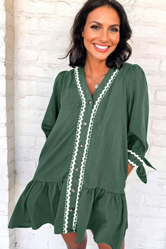 Contrast Ricrac Trim V Neck Button Shift Dress