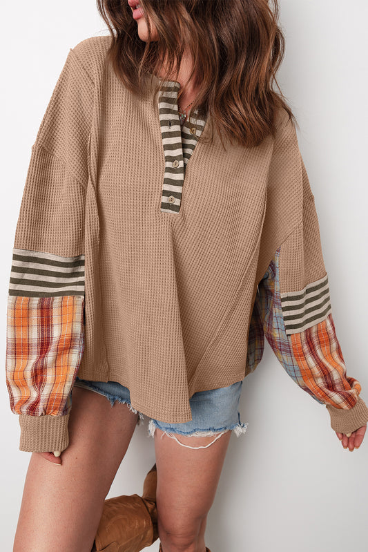 Waffle Knit Henley Top with Plaid Patchwork Sleeves