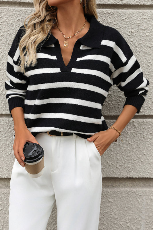 Womens Striped Collared V Neck Knit Sweater Pullover