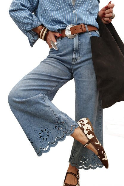Embroidered Eyelet Wide Leg Cropped Jeans