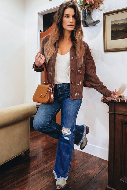 Floral Embroidered Corduroy Button Front Jacket With Pocket