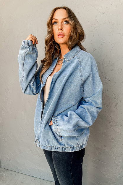 Myosotis Elastic Edge Collared Zip Up Denim Jacket With Pocket