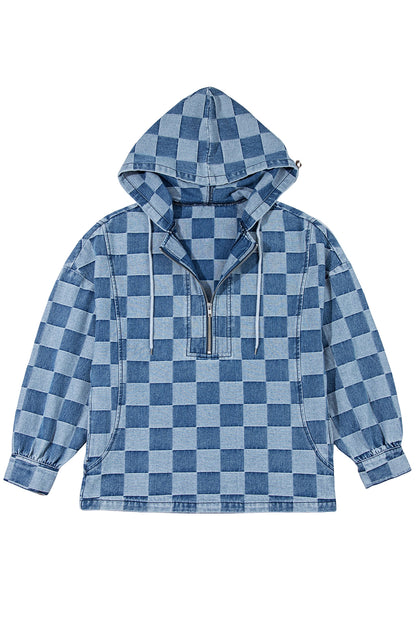 Checkerboard Quarter Zip Kangaroo Pocket Denim Top